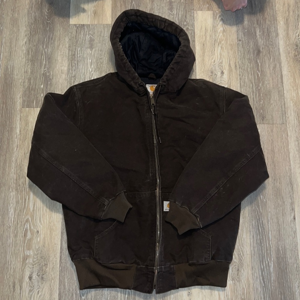 brown fleece lined hooded Carhartt coat size large 12/14